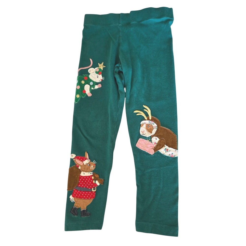 Mini Boden Kids 4-5 Leggings Green Christmas Animal Applique Cotton Stretch